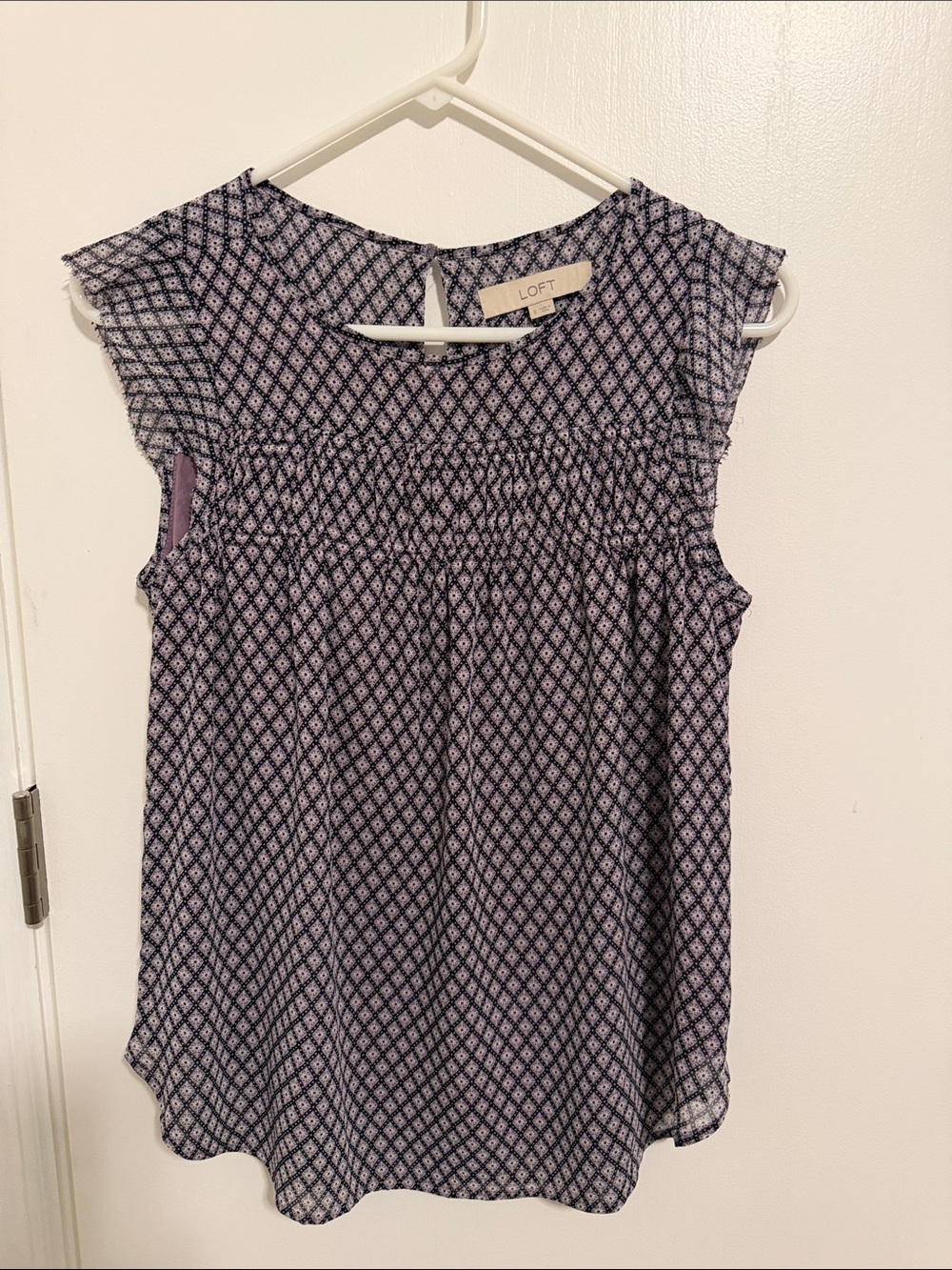 LOFT Purple Printed Smocked Cap Sleeve Blouse